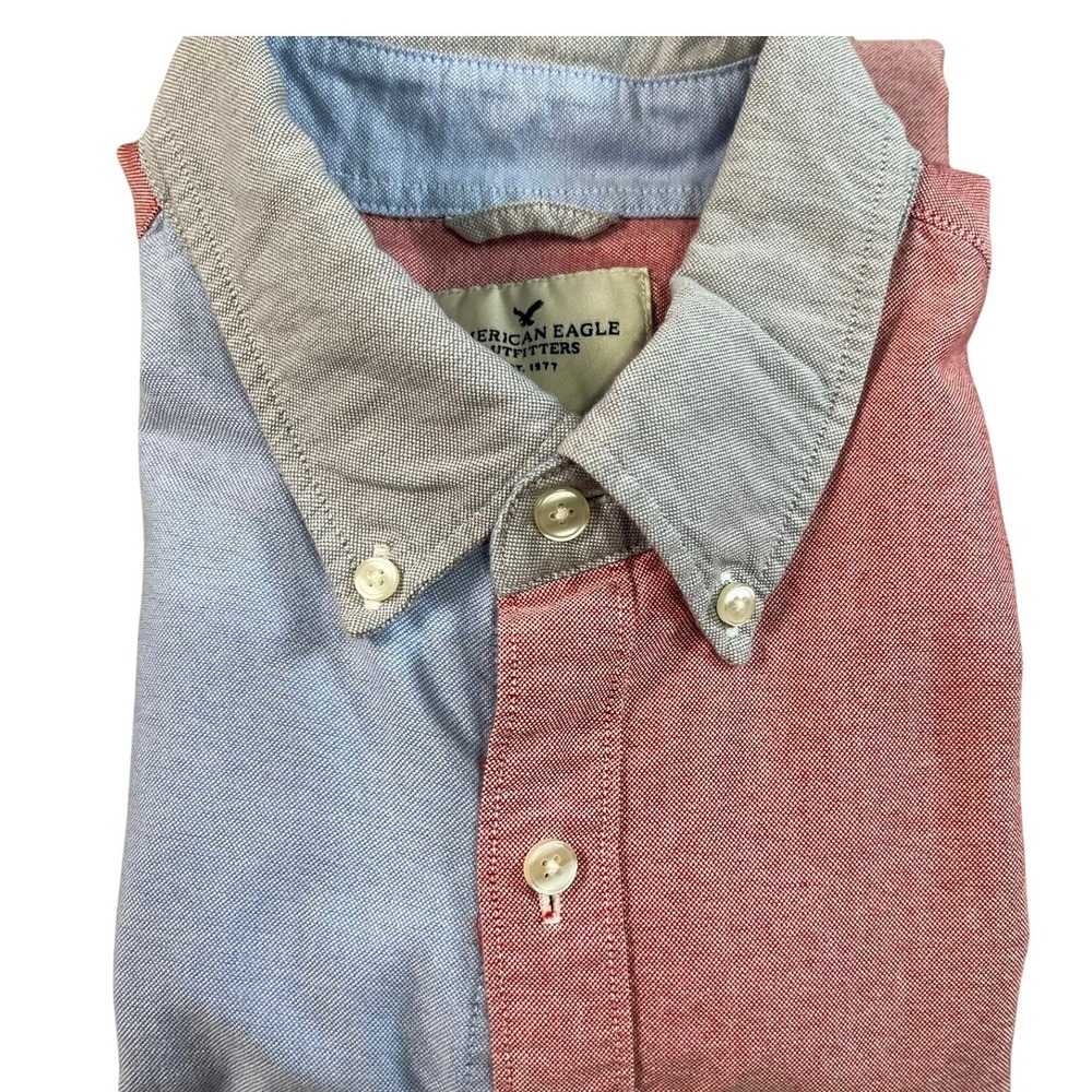 American Eagle Colorblock Oxford Shirt Blue Red Gray Button Down Short sleeve L